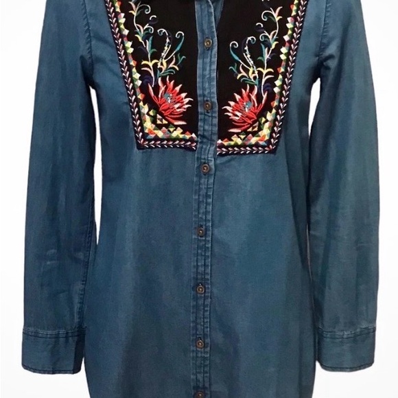 Anthropologie Holding Horses Embroidered Western Tunic Shirt Denim Women’s Sz 12 - Picture 2 of 3